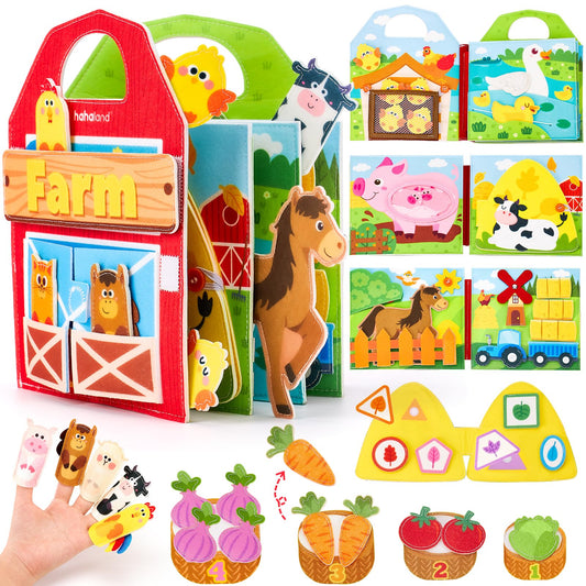 hahaland Montessori Busy Book for 1+ Year Old – 15-in-1 Interactive Sensory Busy Board, Educational Felt Toddler Quiet Toy & Travel Activity, Farm-Themed Baby Toy for 18M+ Girls Boys Airplane