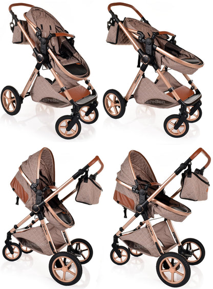 Baby Buggy Pram Stroller 3-in-1 from Boneelook with lightweight aluminum frame, beige fabric, and rose gold accents for newborns and toddlers.