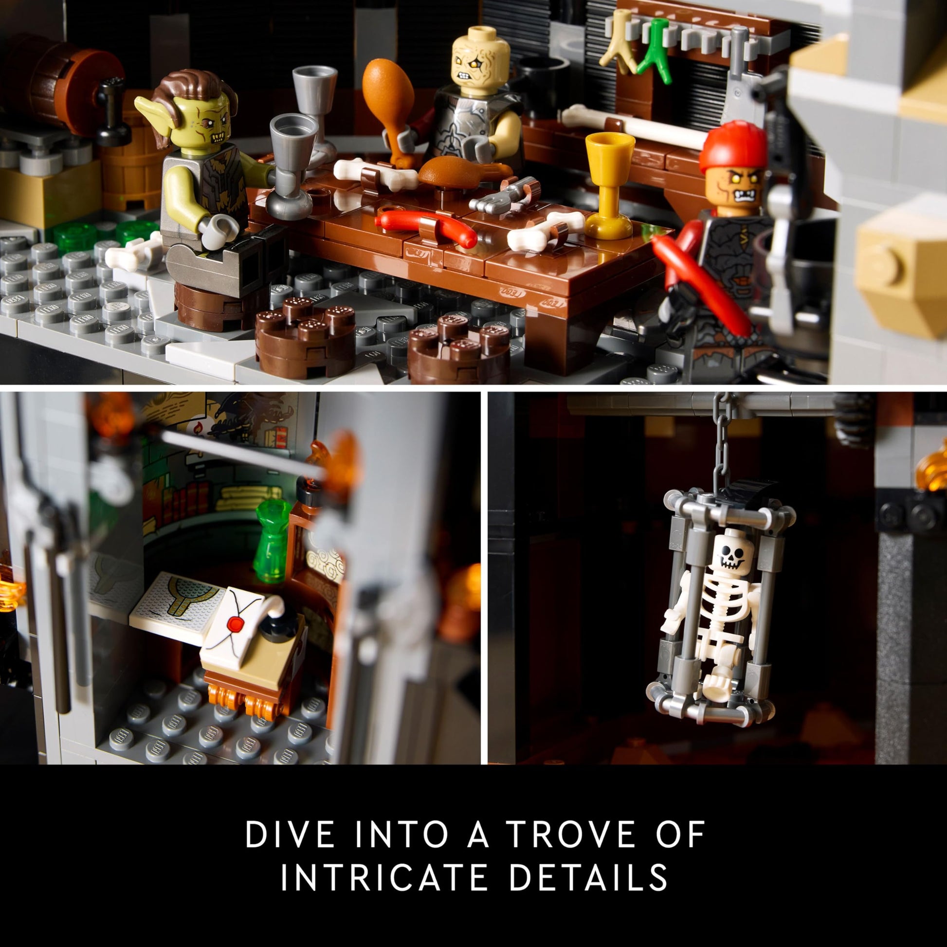 LEGO Icons Barad-dûr model set with Sauron, Gothmog, Orc, Frodo, Sam, and Gollum minifigures for adults.