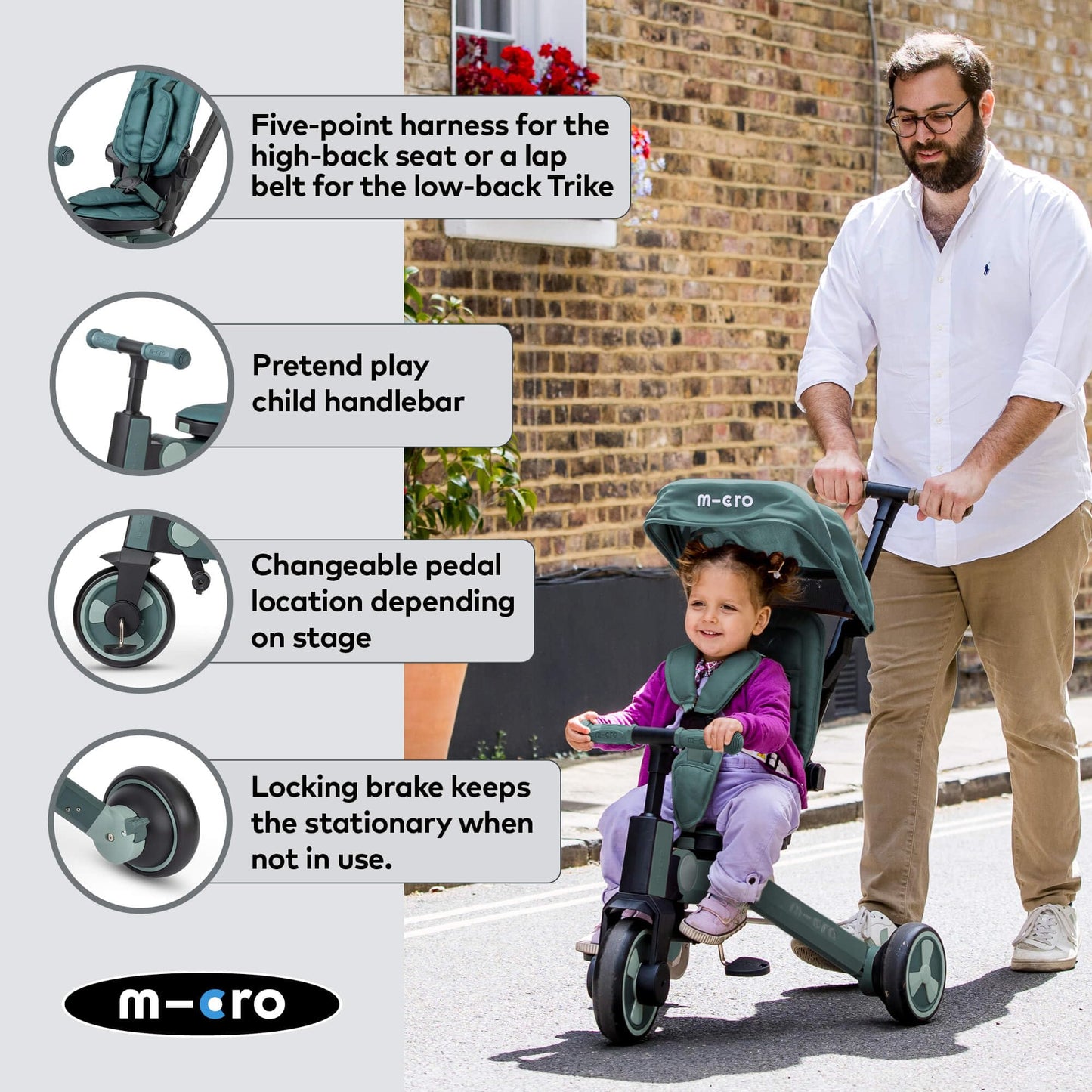 FlexiTrike foldable toddler tricycle in matcha green with parent handle and 360-degree rotation for children 6+ months.