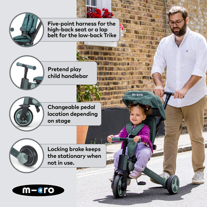 FlexiTrike foldable toddler tricycle in matcha green with parent handle and 360-degree rotation for children 6+ months.