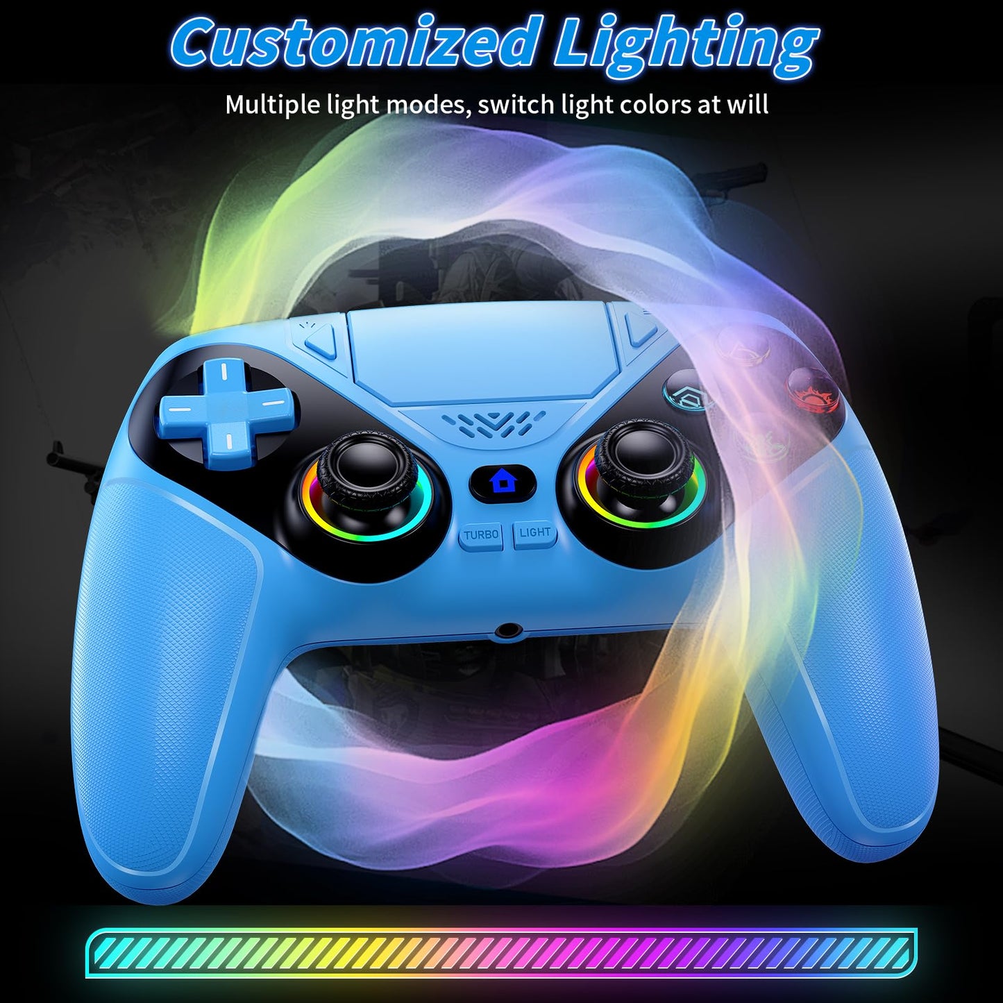 Gamrombo RGB wireless PS5 and PC game controller with back buttons, touchpad, macro, turbo, dual vibration, and 3.5mm audio jack.