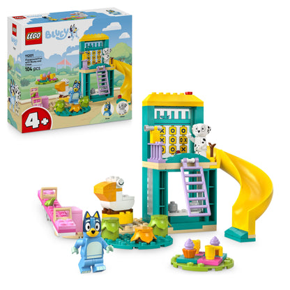 LEGO Bluey Playground Fun set featuring Bluey and Chloe minifigures with a see-saw, slide, climbing frame, and plants.