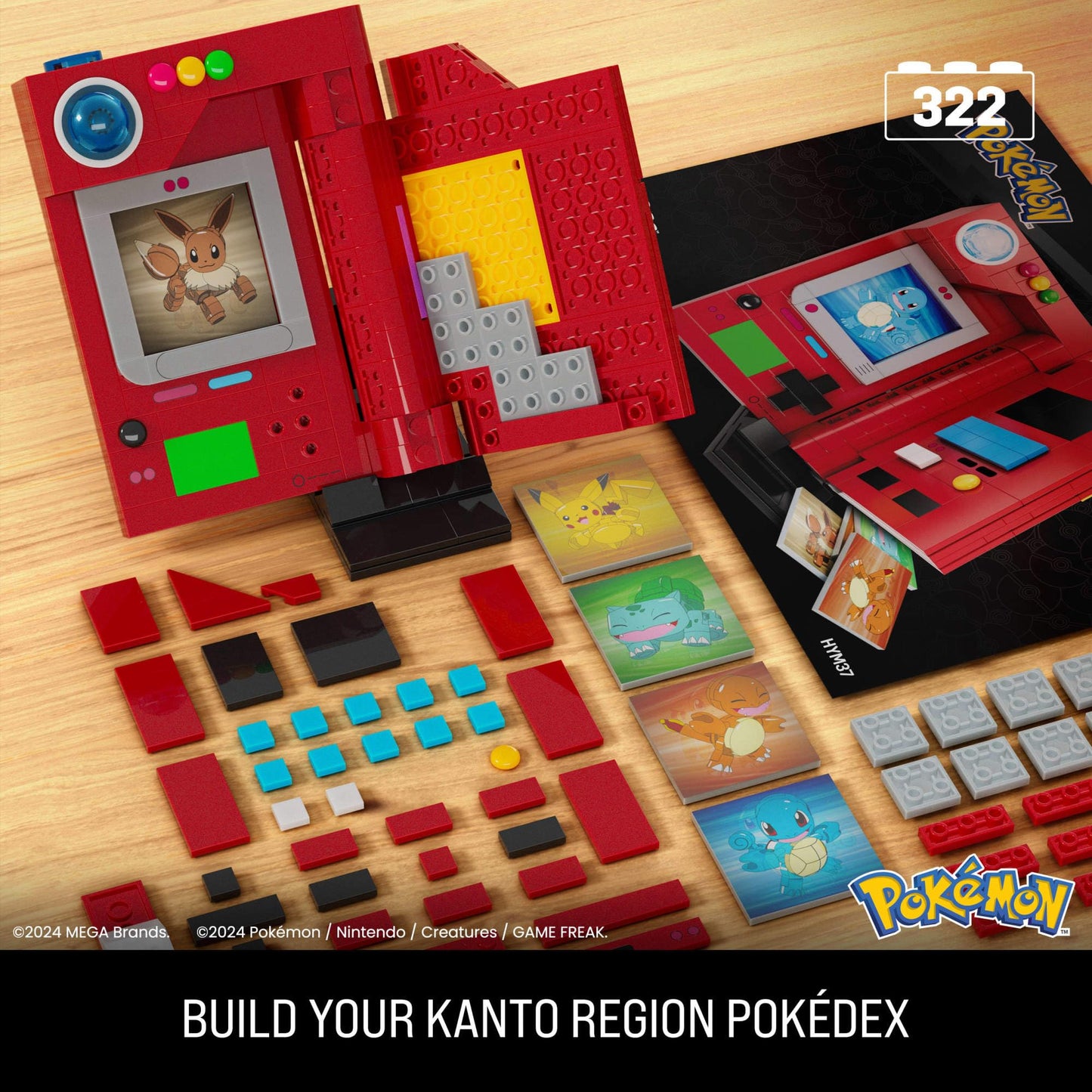 MEGA Pokémon Building Toys Set featuring Kanto Region Pokédex with 322 pieces, light, and 5 lenticular cards.