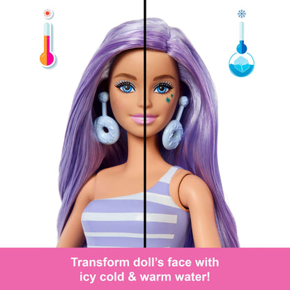 Barbie Pop Reveal Treat Series fashion doll with donut theme, pet, and 8 surprises including color-changing features.