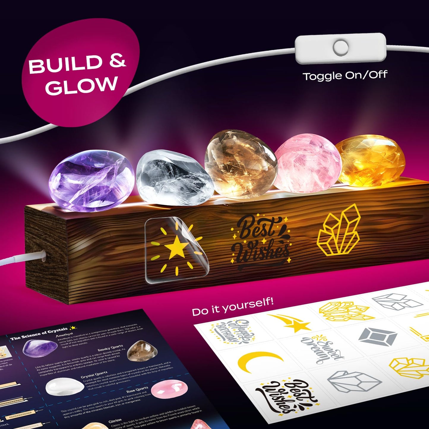 EggBox Gemstone Dig Kit with 6 real gemstones, crystals, night light, and tools for kids age 3+ for educational fun and DIY decoration.