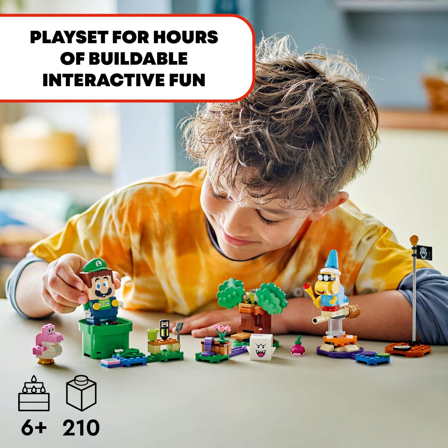 LEGO Super Mario Adventures set featuring LEGO Luigi, pink Baby Yoshi figure, garden playset for kids and gamers, includes interactive elements.