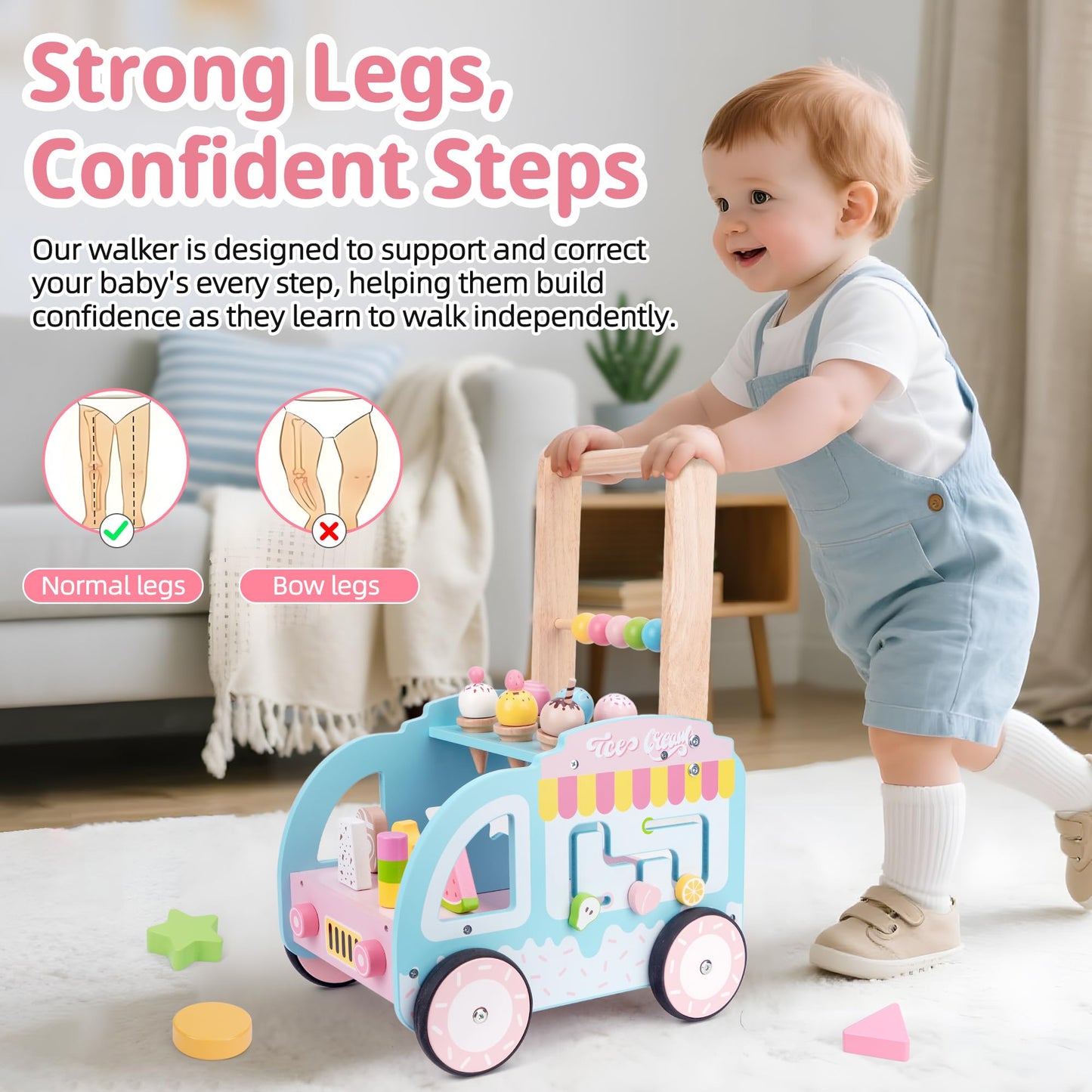 Wooden baby walker with wheels for girls, featuring an ice cream toy and activity center, ideal for toddlers learning to walk.