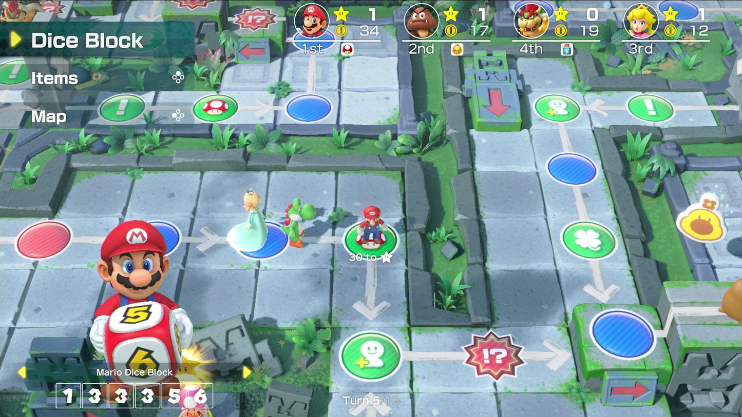 Nintendo Super Mario Party for Nintendo Switch showing colorful game board and characters on screen.