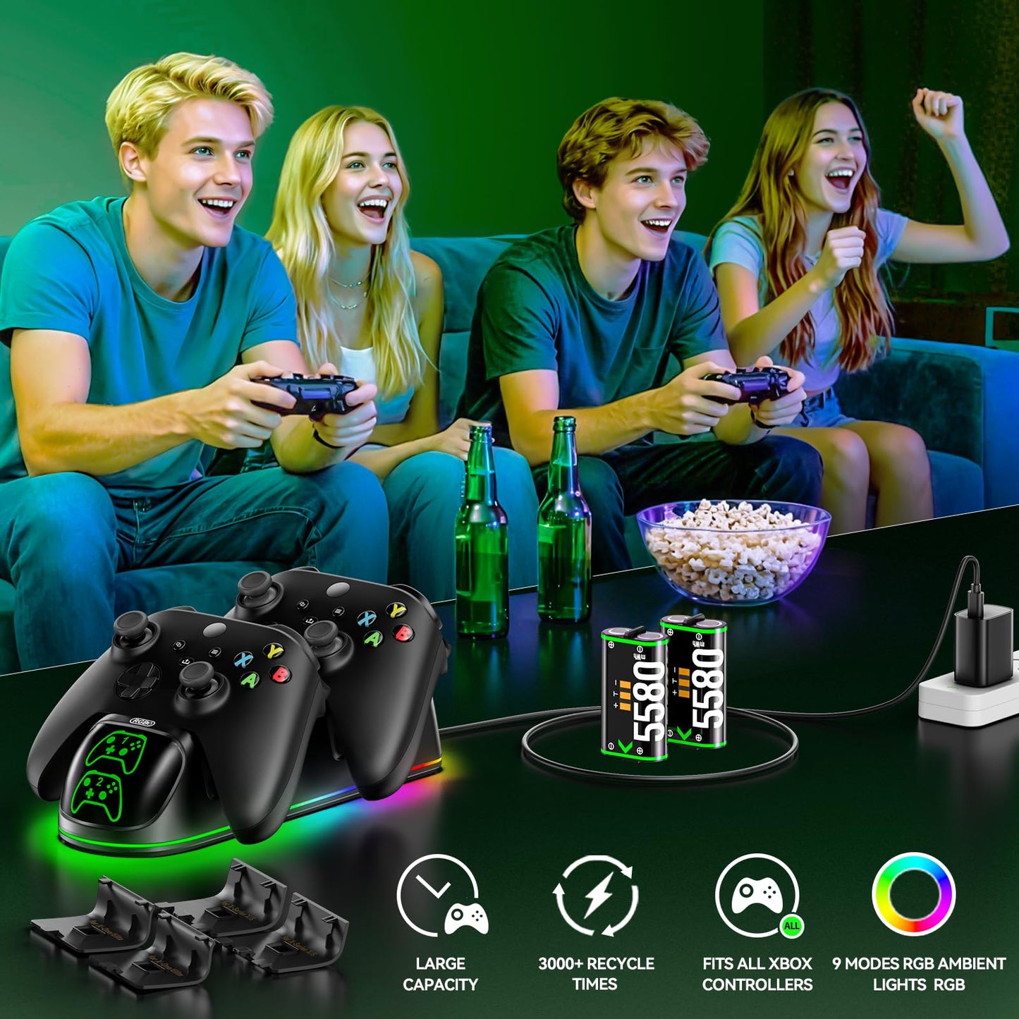 OIVO Xbox controller charging dock with two 5580mWh rechargeable battery packs for Xbox One and Series X/S consoles.