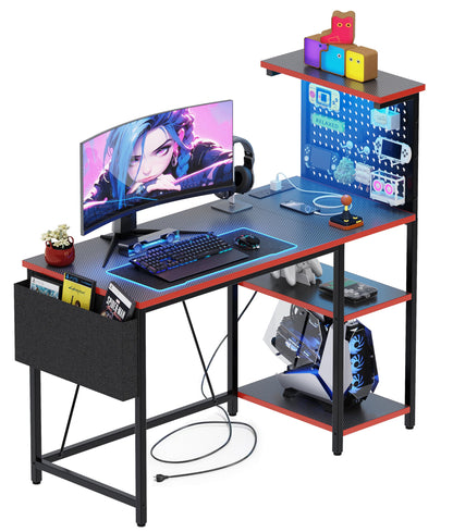 Xyphren Gaming Desk 100 x 50 cm with Pegboard & Power Outlet & LED Light, Small Computer Desk with Reversible Shelves for Corner Home Office Desk, Black