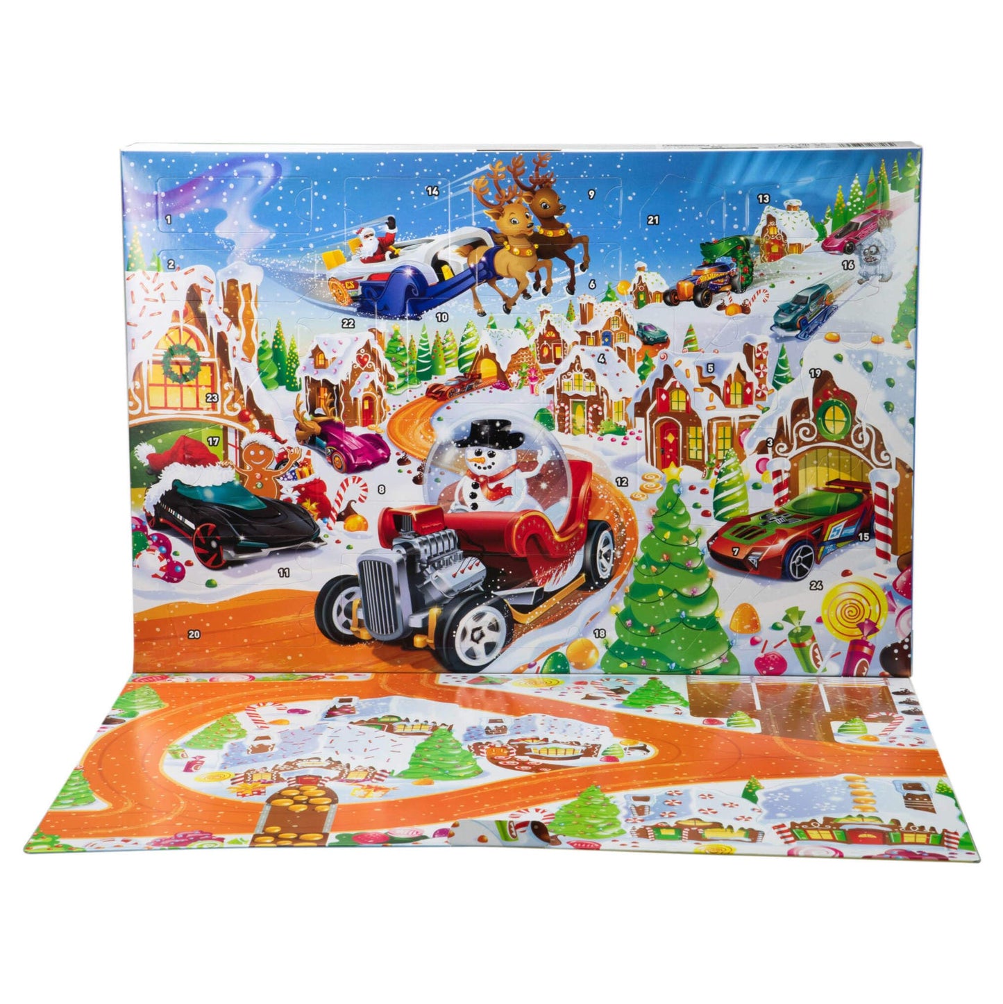Hot Wheels Toy Cars & Playset, 2025 Advent Calendar with 10 Vehicles in 1:64 Scale, 10 Ornament Clips & 14 Winter-Themed Accessories, JCB47
