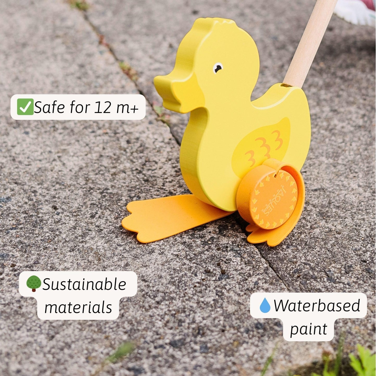 Jaques of London Waddles the Duck wooden push toy for toddlers, featuring a classic wooden duck design for 1-year-olds.