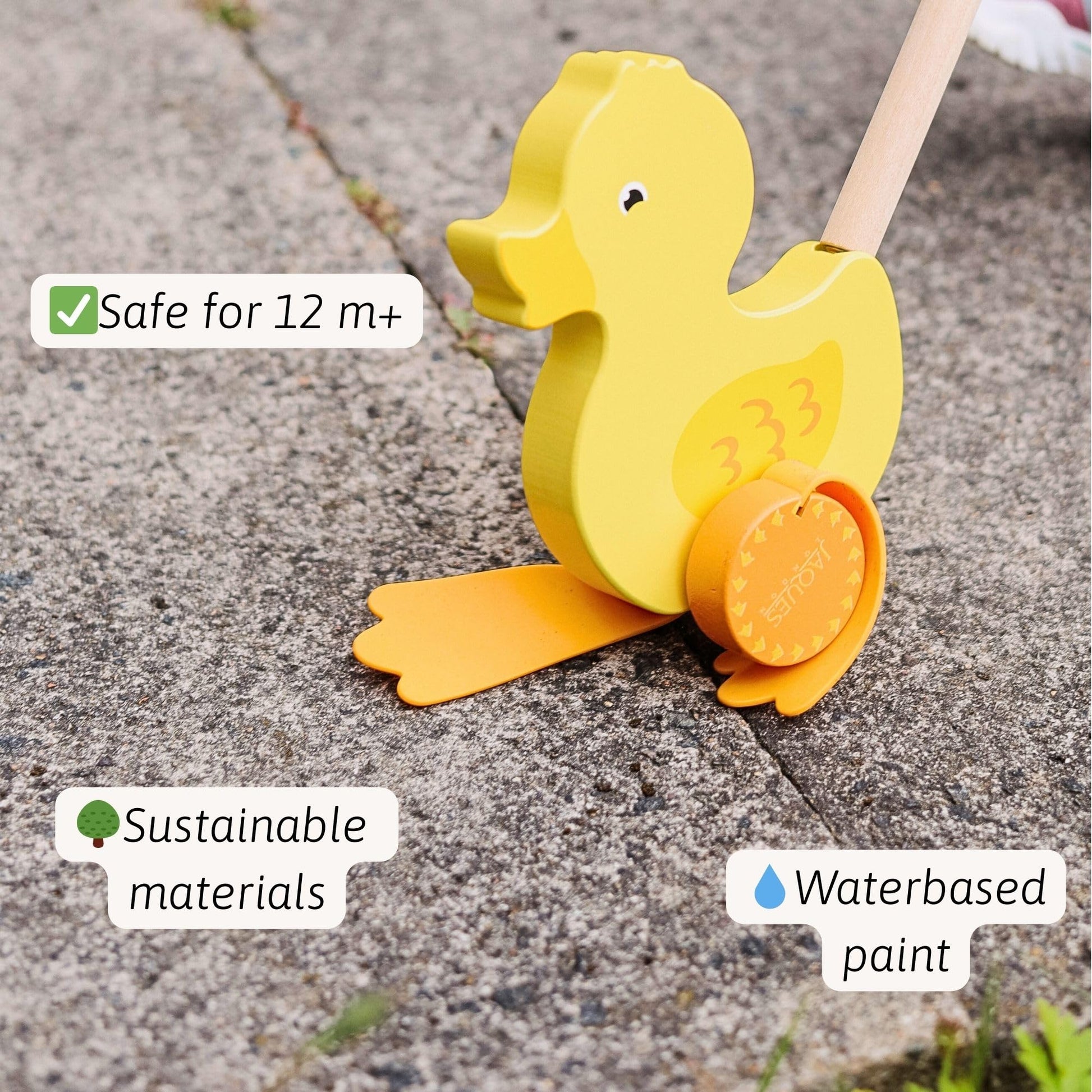 Jaques of London Waddles the Duck wooden push toy for toddlers, featuring a classic wooden duck design for 1-year-olds.