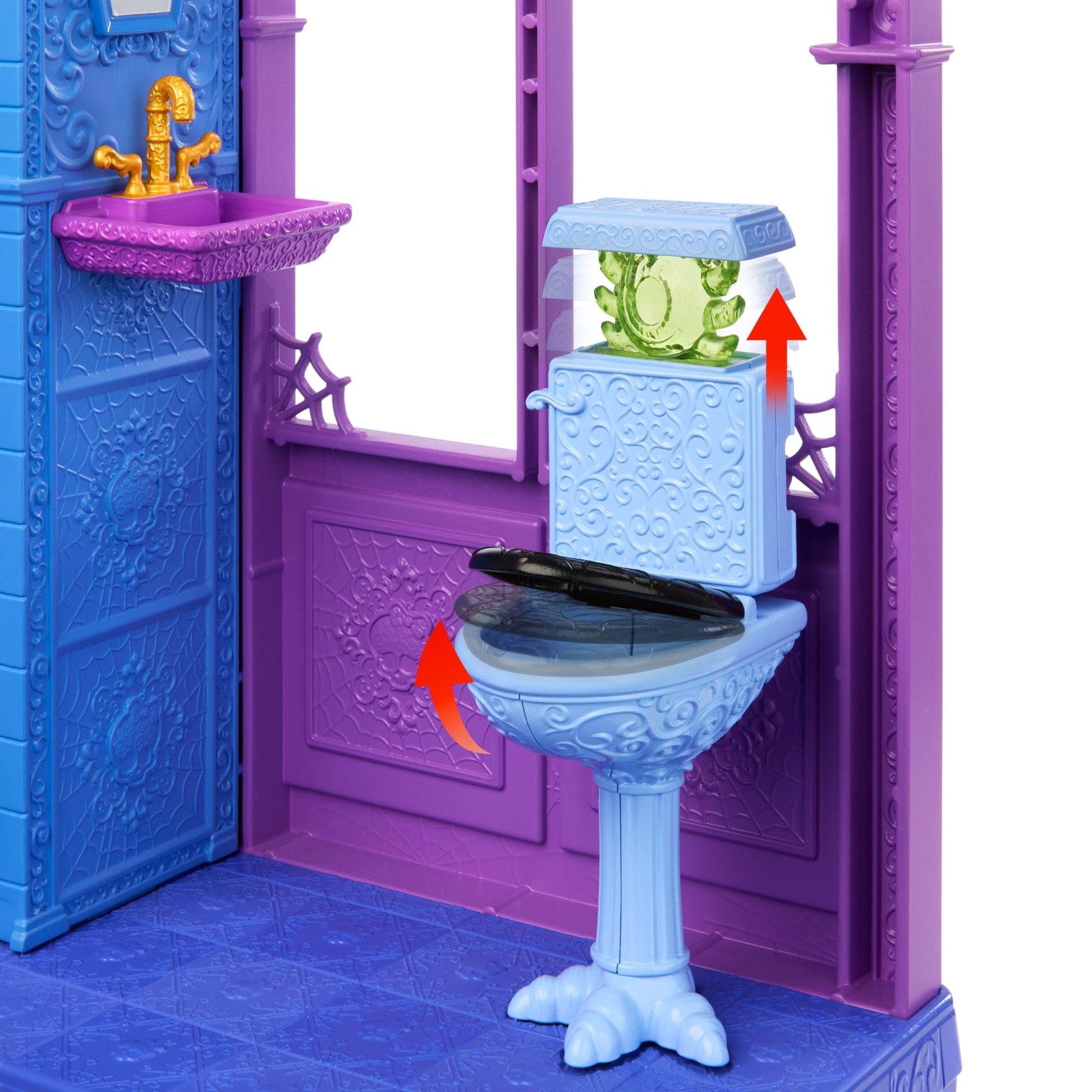 Monster High Boo-tique Hotel Doll House playset featuring spooky-themed rooms and furniture accessories for imaginative play.