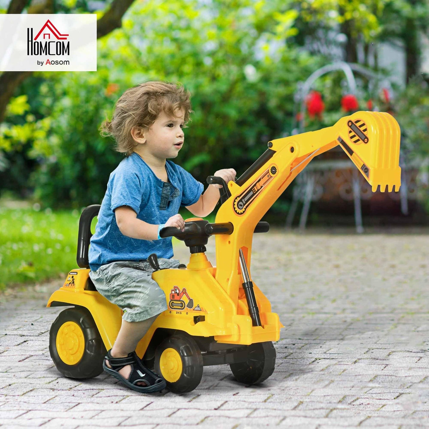 HOMCOM Ride On Tractor, 2 in 1 Kids Ride On Digger Pull Cart with Bucket, Under Seat Storage, Horn, High Backrest, Ride On Toy for 1.5-4 Years, Yellow