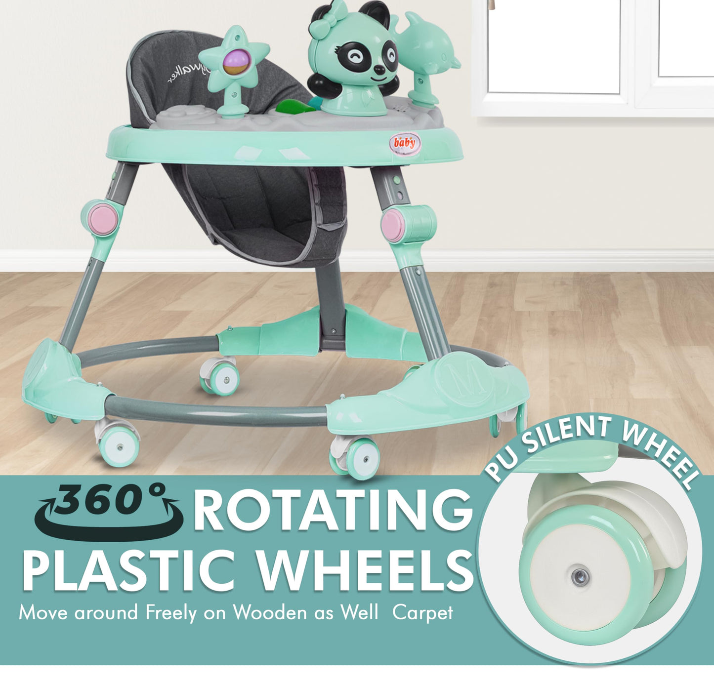 FK Sports baby walker in green with adjustable height, activity center, toys, food tray, portable music, and silent wheels for 6-18 months.