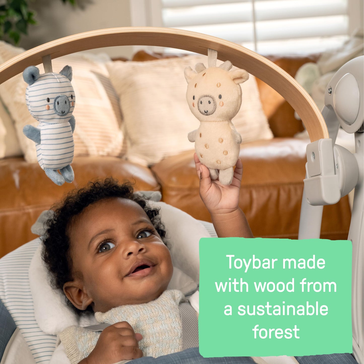 Ingenuity Swing n Go Portable Swing, Removable Sustainably Sourced Wood Toy Bar, 5-Speed, for Ages 0-9 Months, Up to 20 Pounds, Chambray