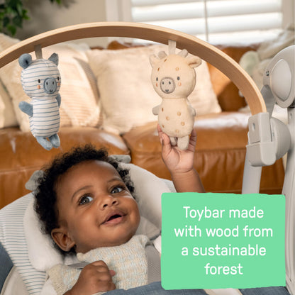 Ingenuity Swing n Go Portable Swing, Removable Sustainably Sourced Wood Toy Bar, 5-Speed, for Ages 0-9 Months, Up to 20 Pounds, Chambray