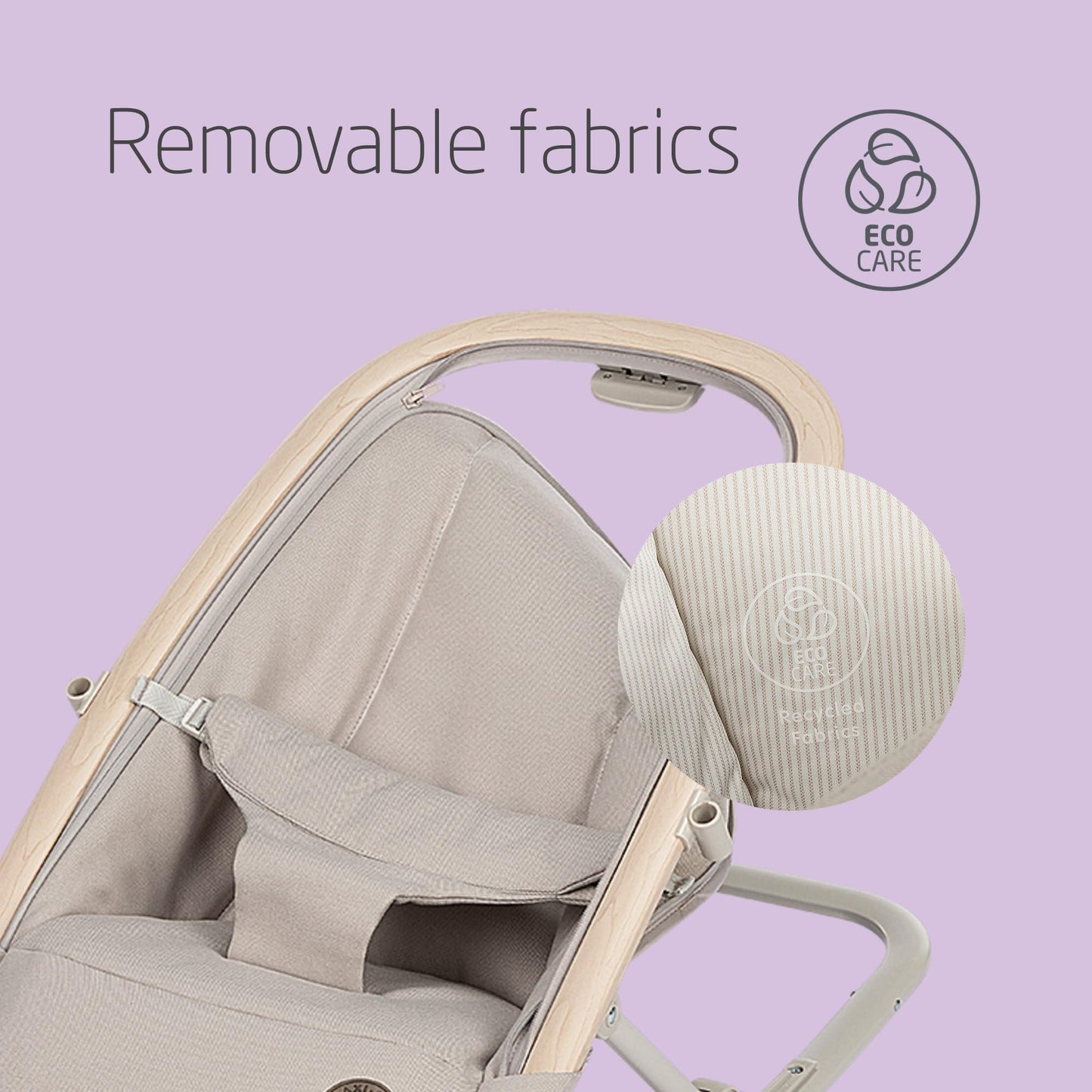 Maxi-Cosi Kori baby bouncer chair in classic beige with toy arch, adjustable recline, newborn pillow, and easy-in harness for infants.