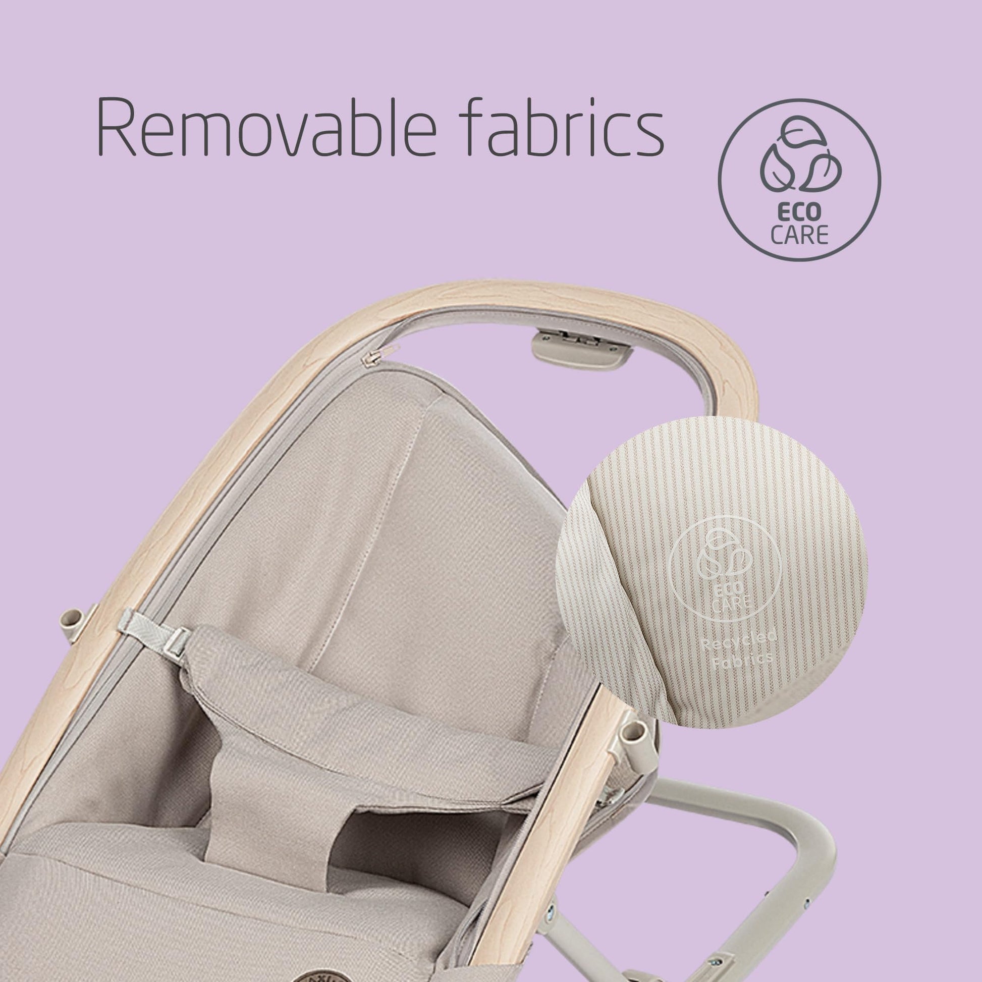 Maxi-Cosi Kori baby bouncer chair in classic beige with toy arch, adjustable recline, newborn pillow, and easy-in harness for infants.