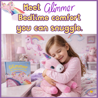 SNUGSHINE Glow in The Dark Unicorn Plush Set with Unicorn Book & Torch Projector starring Glimmer the Glowing Unicorn