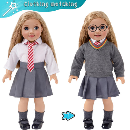 ebuddy Hermione Granger-inspired doll clothes set for American Girl dolls, featuring Hogwarts uniform and magic book.