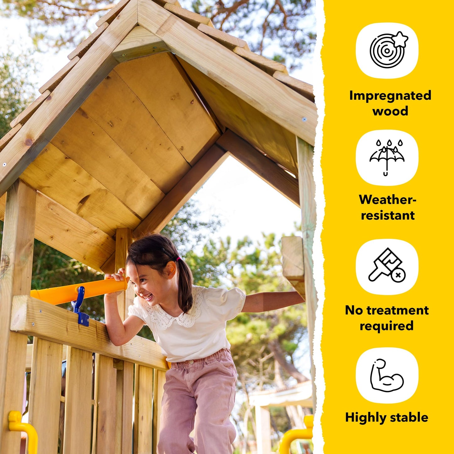 WICKEY Wooden climbing frame Smart Queen with swing set, green-yellow tarp & green slide, Outdoor kids playhouse with sandpit, climbing ladder & play-accessories for the garden