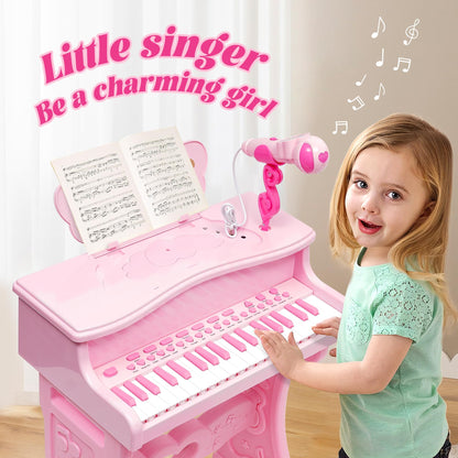 NUKied kids 37-key mini piano keyboard with detachable legs, pink music toy, microphone, and stool for toddlers and girls.
