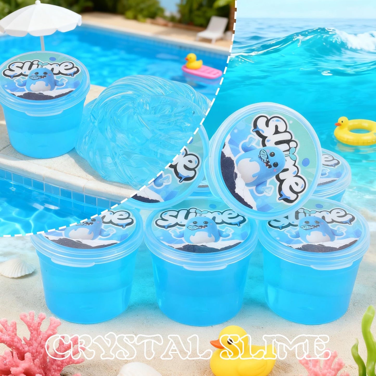 Set of 24 blue galaxy slime packs by Bretohay, glow-in-the-dark, stretchy stress relief putty, ideal for kids' party favors and classroom fun.