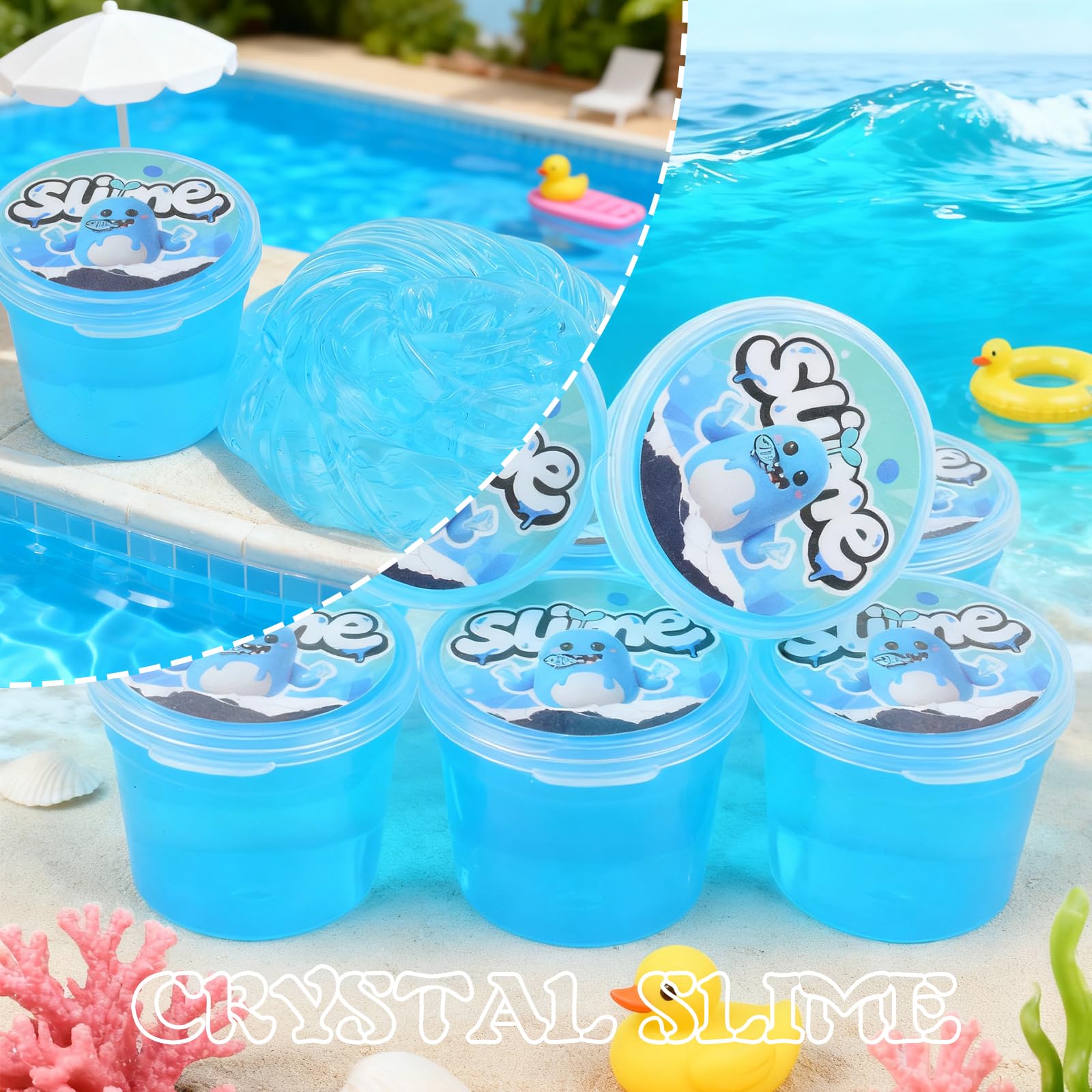 Set of 24 blue galaxy slime packs by Bretohay, glow-in-the-dark, stretchy stress relief putty, ideal for kids' party favors and classroom fun.