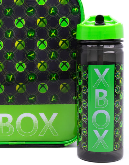 Green Xbox lunch bag for kids with game controller logo, includes BPA-free water bottle and three snack pots.