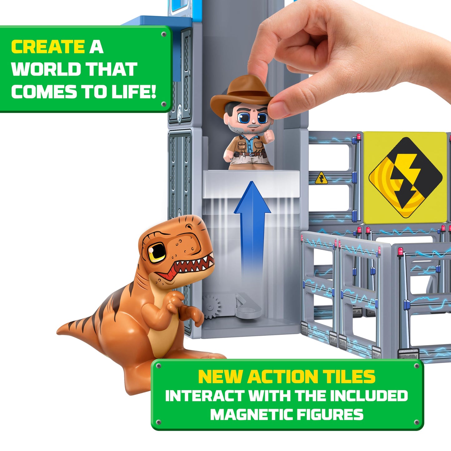 Tile Town Jurassic World Gate Escape Magnetic Tiles Construction Building Set and Figures, Kids 3-5+, New ACTION TILES for Action Play, Realistic Builds, STEM Creative Toy