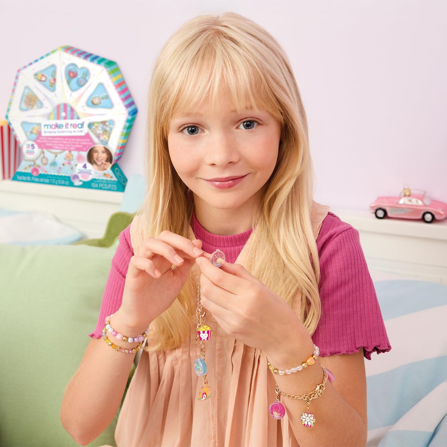 Make It Real Lip Gloss Charm Bracelet Maker - Bracelet Making Kit with Lip Gloss Charms, Beads, Chain & Cord - Jewellery Craft Sets for Girls - Create Bracelets with Cute Charms, Birthday Gift