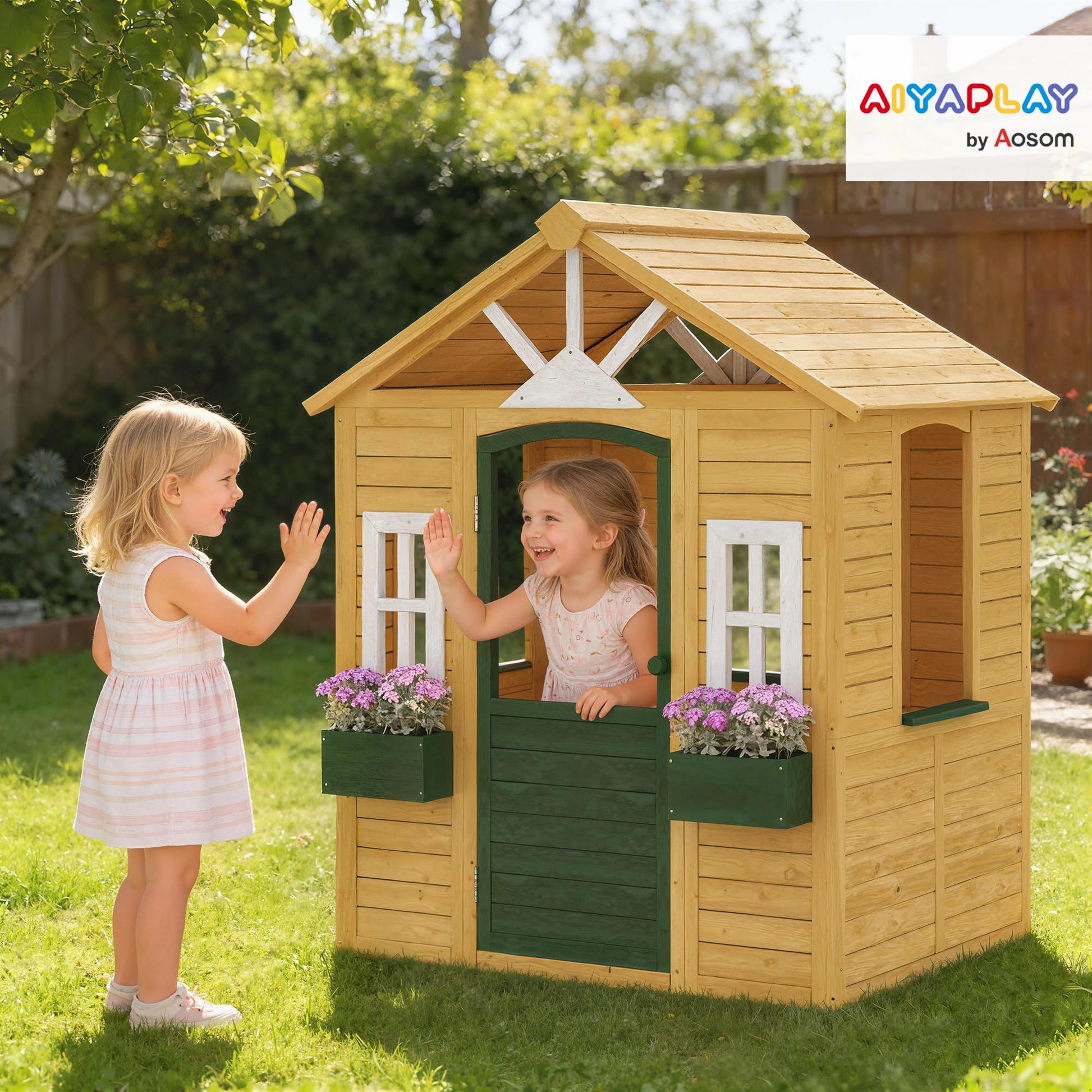 AIYAPLAY wooden outdoor playhouse for kids with working door, windows, and flower boxes, ideal for garden or indoor imaginative play.