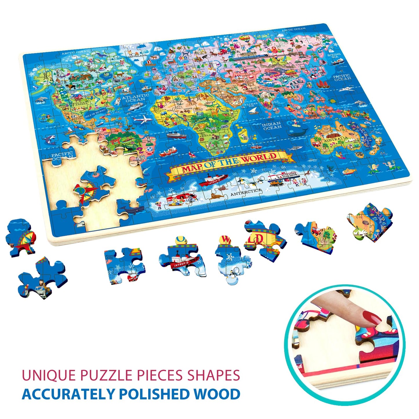 Colorful world map jigsaw puzzle by Learncredibles with 81 pieces, featuring continents and countries for kids aged 7+ to learn geography.
