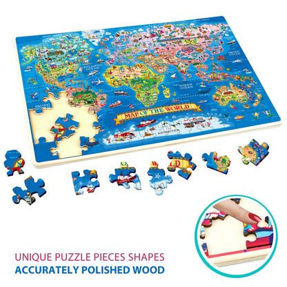 Colorful world map jigsaw puzzle by Learncredibles with 81 pieces, featuring continents and countries for kids aged 7+ to learn geography.