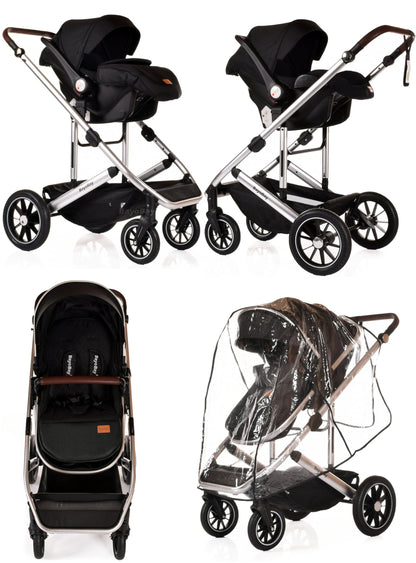 3 in 1 Baby Pram Travel System with Car Seat Lightweight Buggy Foldable Pushchair for Newborn and Toddlers up to 22kg New 2025 Style (Black - Silver)