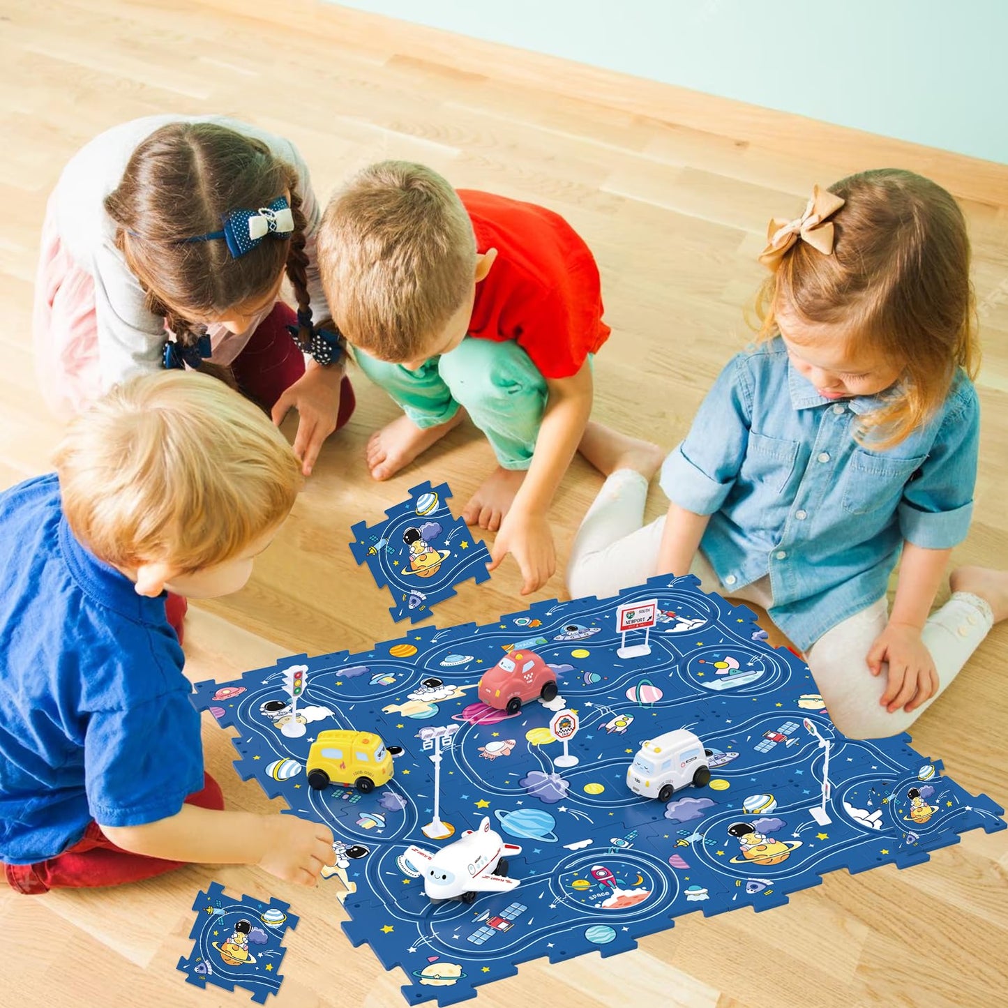 Bearbao Toddler Toys Gifts for 3 4 5 Year Old Boys, Total 16 Pieces Jigsaw Puzzle Racer Track Car Set with 2 Cars for Kids Boys 3-5, Puzzle Tracks Car Toys Gifts for 3 4 5 Year Old Boy Kids