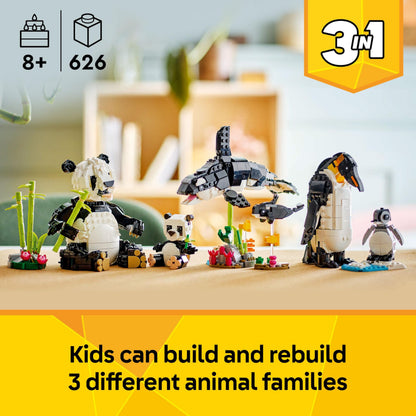 LEGO Creator 3in1 Wild Animals set featuring panda family, penguins, and orca whale, ideal for creative play.