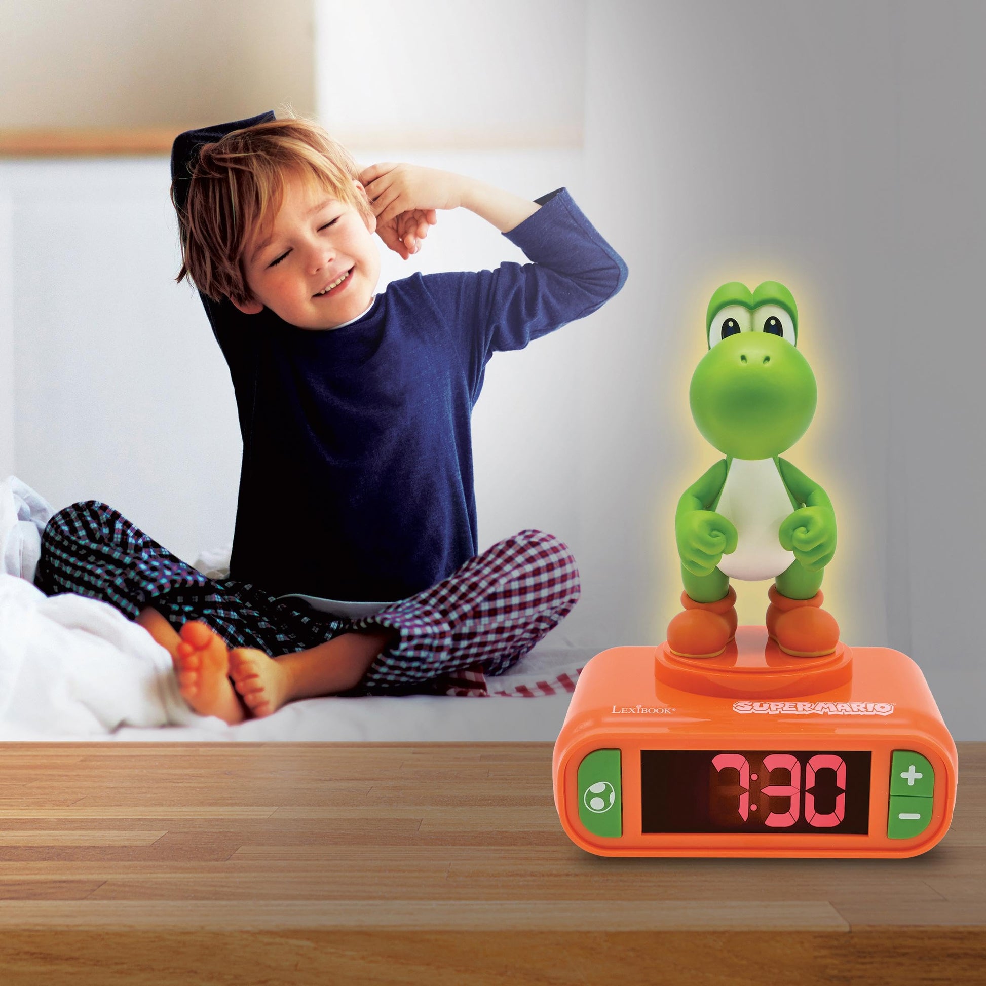LEXIBOOK Super Mario Yoshi nightlight alarm clock with LCD backlit screen, luminous display, sounds, melodies, and snooze function in orange