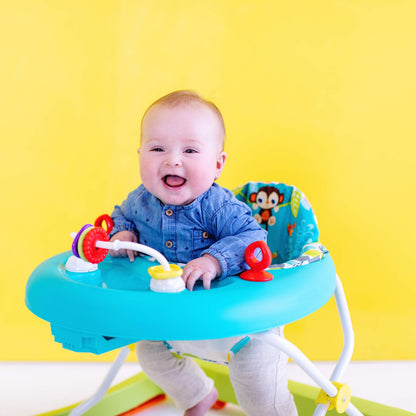 Bright Starts Giggling Safari Walker with easy fold frame for storage, suitable for babies 6 months and older.