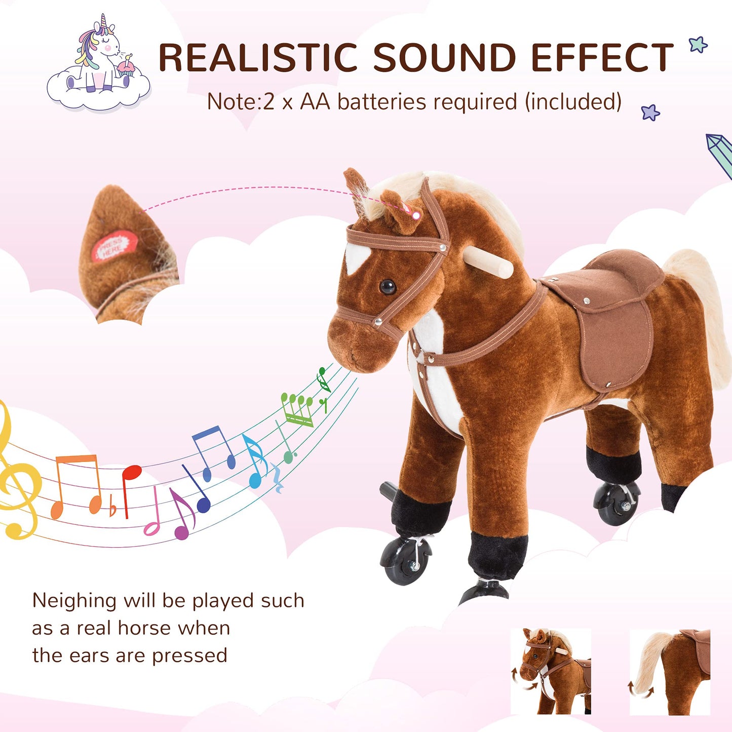 HOMCOM Rocking Horse Kids Ride on Walking Horse Animal Pony Wheeled Riding Plush Toy w/Sound for 2 Years and Up (Brown)