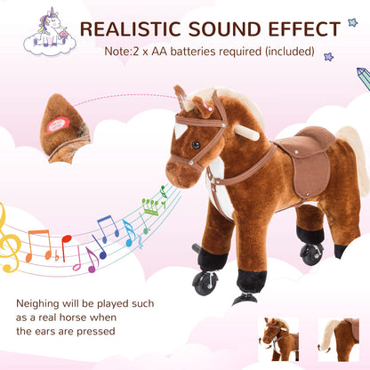 HOMCOM Rocking Horse Kids Ride on Walking Horse Animal Pony Wheeled Riding Plush Toy w/Sound for 2 Years and Up (Brown)
