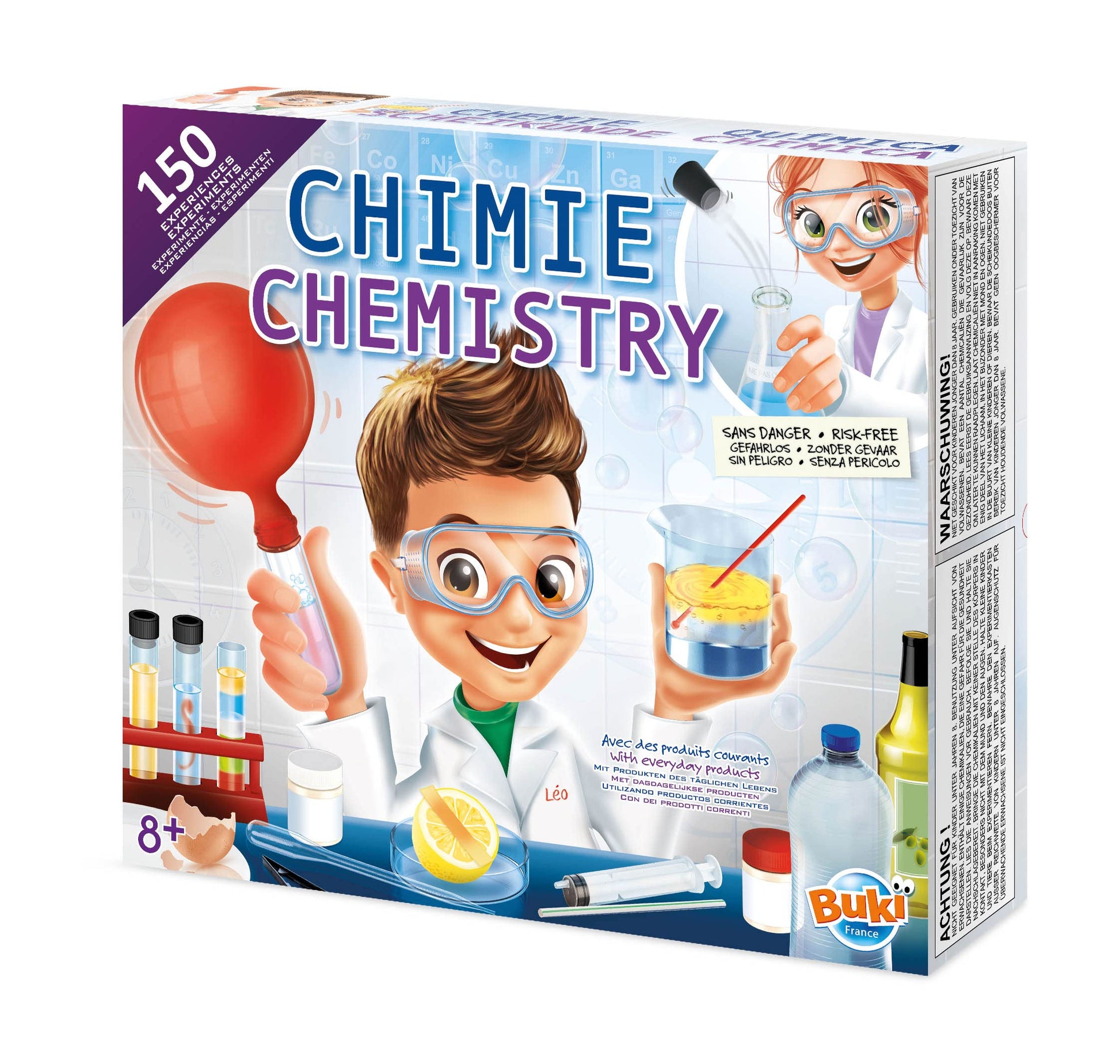 Buki Kids Chemistry Set with test tubes, goggles, and accessories for safe science experiments using kitchen ingredients, suitable for ages 8+.