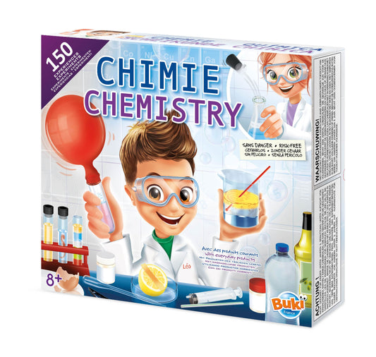 Buki Kids Chemistry Set with test tubes, goggles, and accessories for safe science experiments using kitchen ingredients, suitable for ages 8+.