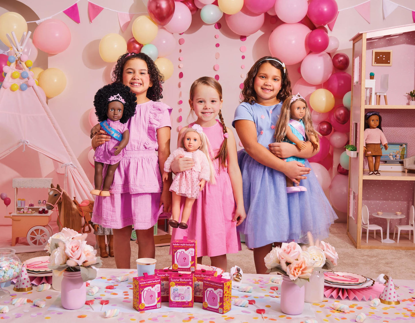 Our Generation Happy Camper Camping Set for 18" dolls, featuring a tent, sleeping bag, campfire accessories, and more.