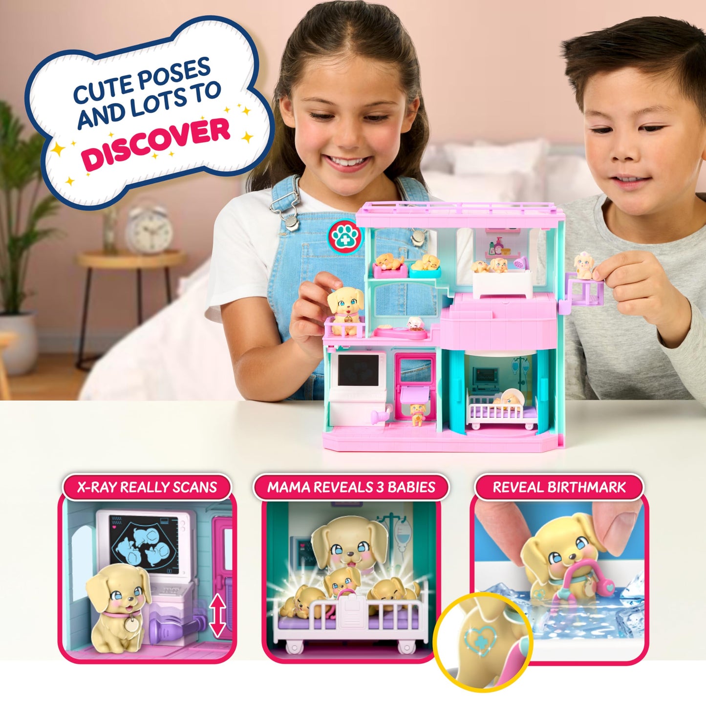 Little Live Pets Mama Surprise Families Baby Care Clinic Playset, Magically Reveal 3 Retriever Puppies, 2-Sided Playset (27.8cm/10.9in Wide, 23.8cm/9.3in High). Feed, Bathe, & Play, Fun Gift for Kids