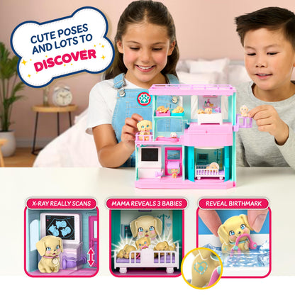 Little Live Pets Mama Surprise Families Baby Care Clinic Playset, Magically Reveal 3 Retriever Puppies, 2-Sided Playset (27.8cm/10.9in Wide, 23.8cm/9.3in High). Feed, Bathe, & Play, Fun Gift for Kids