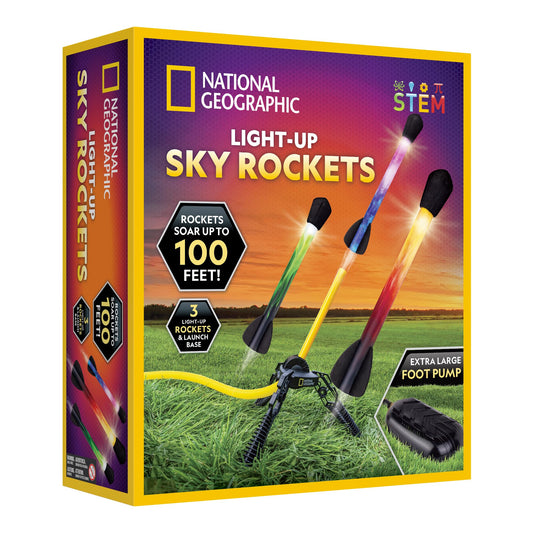 Blue Marble National Geographic air rocket launcher toy with LED foam rockets, designed for kids’ outdoor STEM science play.